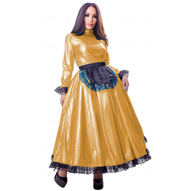 French Maid Dress Queen Gown Cosplay Costume Long Flare Sleeve Sissy Dresses with Black Lace Wet Look Lolita Vestidos Plus Size