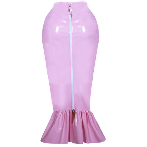 Shiny Ruffles Slim High Waist Mermaid Skirts Women Wild Solid Trumpet Skirt PVC Faux Leather S-7XL Mid-length Bag Hip Sexy Skirt