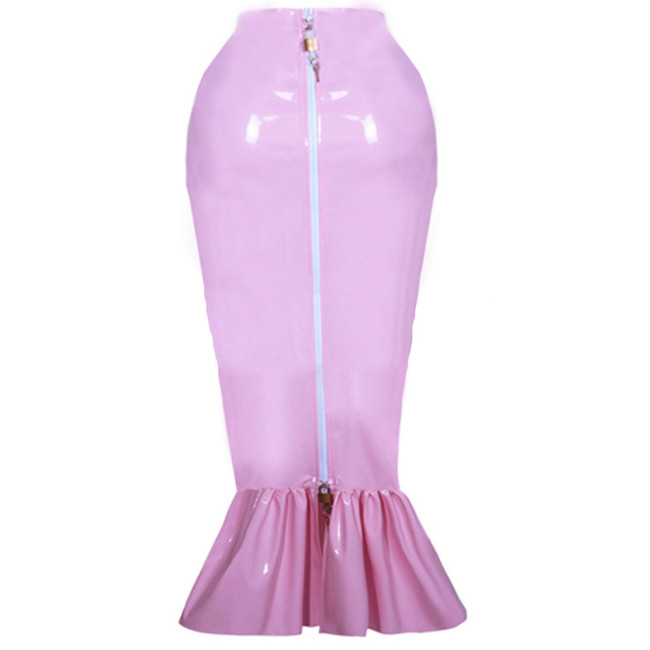 Shiny Ruffles Slim High Waist Mermaid Skirts Women Wild Solid Trumpet Skirt PVC Faux Leather S-7XL Mid-length Bag Hip Sexy Skirt