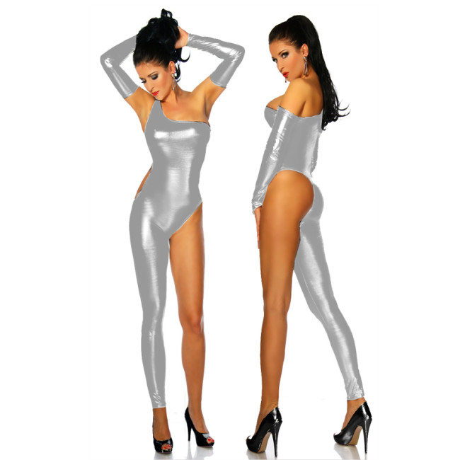 Bodysuit Female Sexy One Shoulder Single Trouser Leg Long Sleeve Slim Bodycon Jumpsuits Lady Rompers Skinny Bodysuit with Gloves