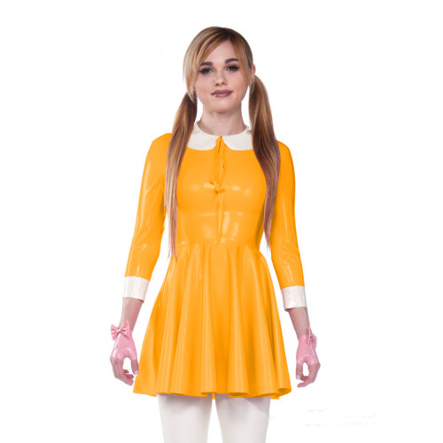 Shiny pvc three quarter sleeves Peter Pan collar skater dress PU leather white patchwork Casual Vintage dress plus size dress