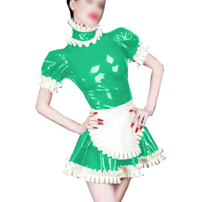 Plus Size S-7XL Womens Men Maid Sexy Costumes Wetlook Shiny PVC Pleated Mini Dress with Apron Halloween Cosplay Uniform Outfit
