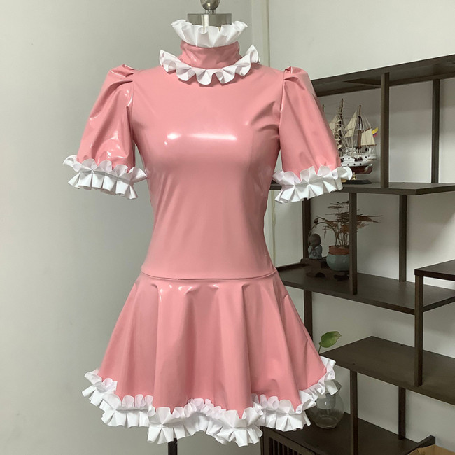 Plus Size S-7XL Womens Men Maid Sexy Costumes Wetlook Shiny PVC Pleated Mini Dress with Apron Halloween Cosplay Uniform Outfit