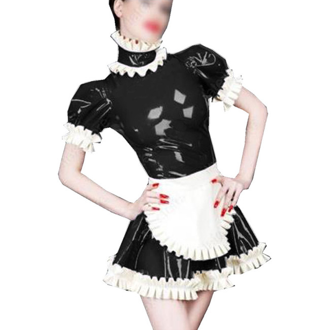 Plus Size S-7XL Womens Men Maid Sexy Costumes Wetlook Shiny PVC Pleated Mini Dress with Apron Halloween Cosplay Uniform Outfit