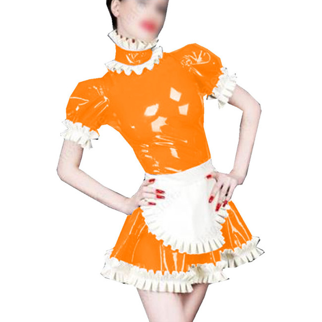 Plus Size S-7XL Womens Men Maid Sexy Costumes Wetlook Shiny PVC Pleated Mini Dress with Apron Halloween Cosplay Uniform Outfit