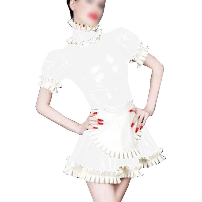 Plus Size S-7XL Womens Men Maid Sexy Costumes Wetlook Shiny PVC Pleated Mini Dress with Apron Halloween Cosplay Uniform Outfit