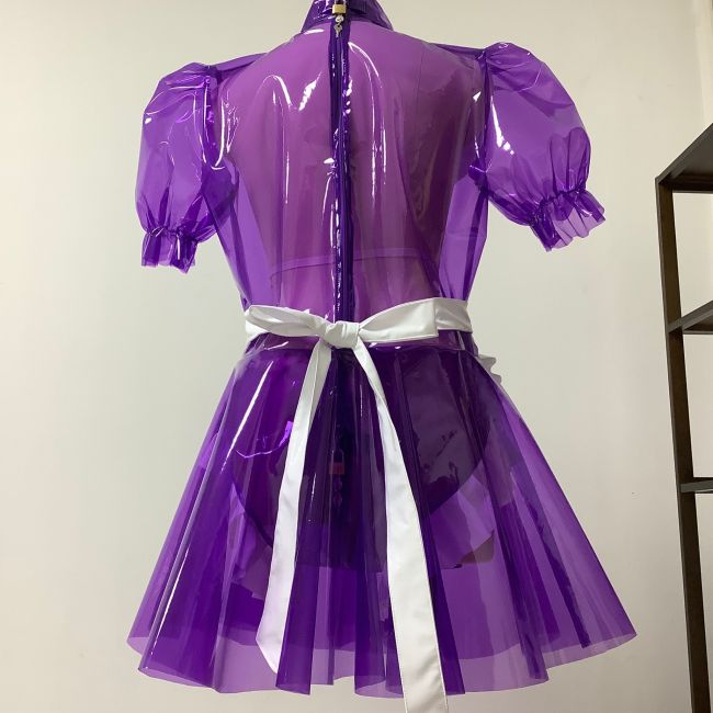 Male Mens Hot Sissy Lockable Dress Clear PVC French Maid Dress See-through Mini Dress with Panties Vintage Exotic Dresses 7XL