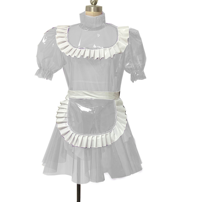 Male Mens Hot Sissy Lockable Dress Clear PVC French Maid Dress See-through Mini Dress with Panties Vintage Exotic Dresses 7XL