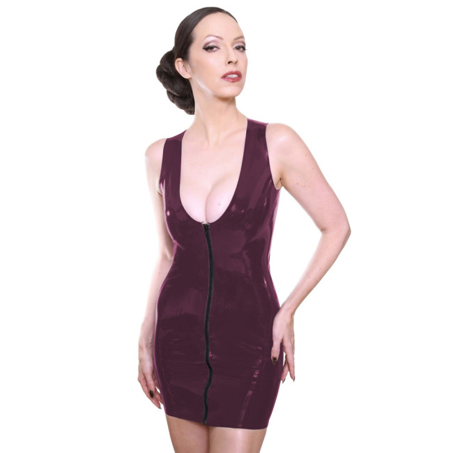 Womens Mini Dress Full Zipper Deep V Neck Pencil Dress Shiny PVC Sleeveless Mini Clubwear Fetish Dress Exotic Cloth