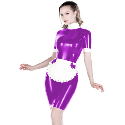 PVC Leather French Maid Dress Adult Sissy Short Sleeve Mini Dress with Apron Maid Cosplay Uniform Outfit Servant Costume