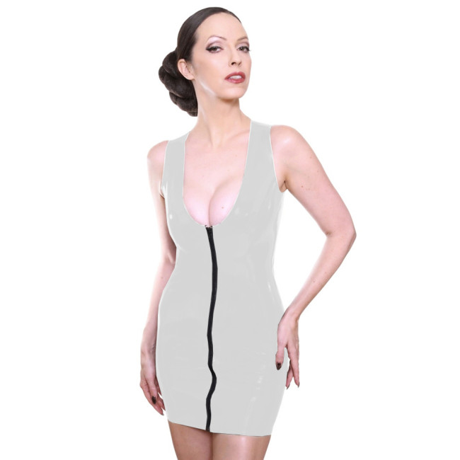 Womens Mini Dress Full Zipper Deep V Neck Pencil Dress Shiny PVC Sleeveless Mini Clubwear Fetish Dress Exotic Cloth