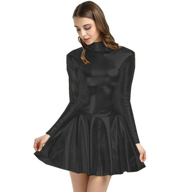 Shiny Metallic Skater Dress Women pole Dancing Dress Holographic Patent Leather Long Sleeve A-Line Dress Party Cocktail Clubwear