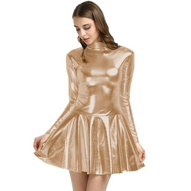 Shiny Metallic Skater Dress Women pole Dancing Dress Holographic Patent Leather Long Sleeve A-Line Dress Party Cocktail Clubwear