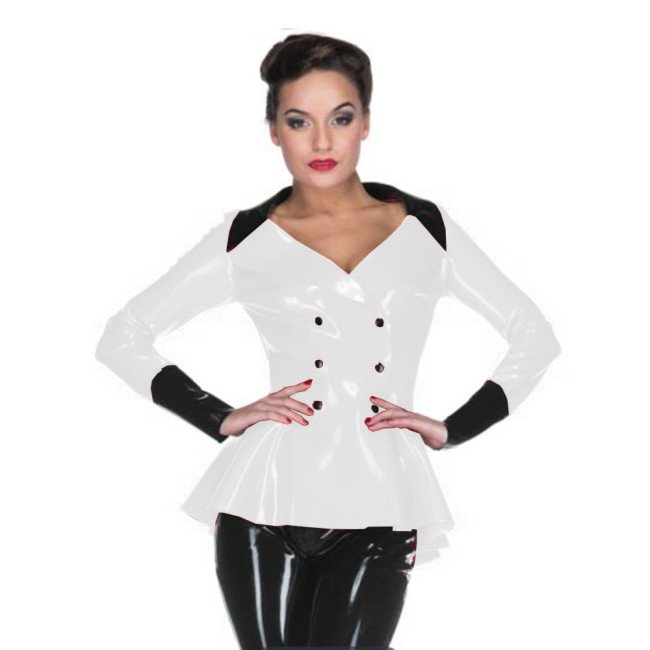 Women PVC Jacket Full Sleeve Turn-Down Collar tops Office Lady Blouses Shirt Ladies Double Breasted Button Up Coat Blazer Jacket