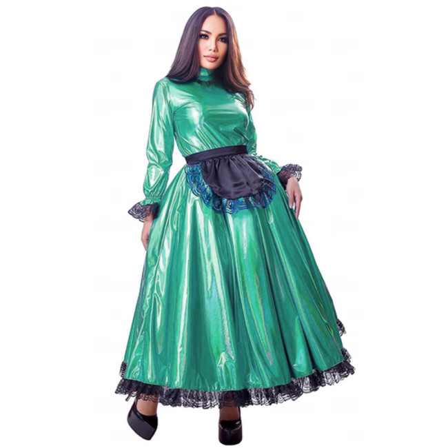 Sissy Maxi Dress Long Puff Sleeve Laser French Maid Uniform Crossdresser  Men Gay Pleated Dress with Apron male Cosplay Costume