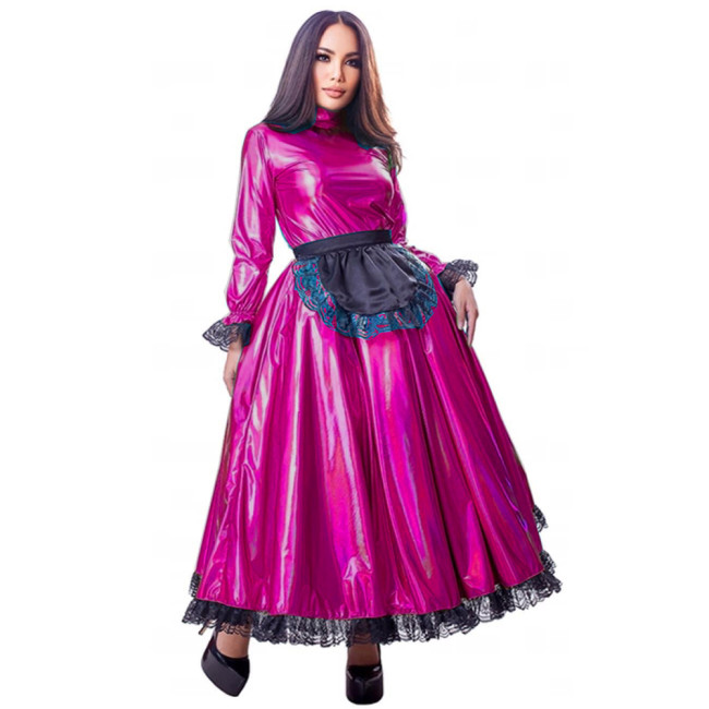 Sissy Maxi Dress Long Puff Sleeve Laser French Maid Uniform Crossdresser  Men Gay Pleated Dress with Apron male Cosplay Costume