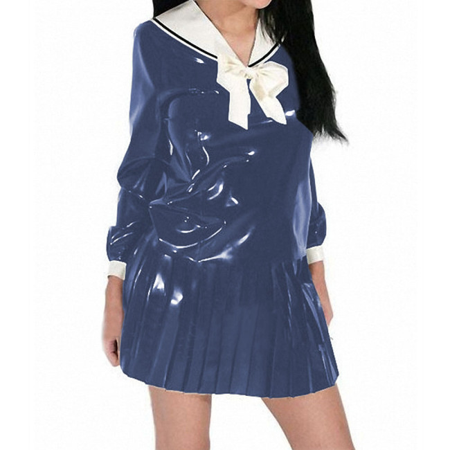 Leather PVC Sailor Collar Navy Mini Dress Japanese Lolita Sweet Bow-knot Girl Retro Kawaii Preppy Style Long Sleeve Dress Women