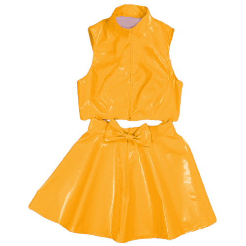 Women Japanese Schoolgirl Cosplay Uniform Girl Leather PVC Sleeveless Crop Top with Mini Pleated Skirt Cheerleader Costume Set