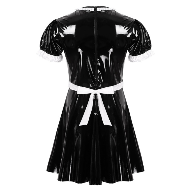 Men Lady Sexy Maid Clubwear French Sissy Cosplay Costume Uniform Outfit Puff Sleeve PVC Leather Club Party Dresses with Apron