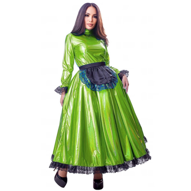 Sissy Maxi Dress Long Puff Sleeve Laser French Maid Uniform Crossdresser  Men Gay Pleated Dress with Apron male Cosplay Costume