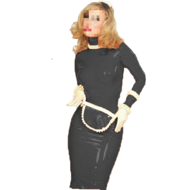 3piece Set Fashion Sexy Long Sleeve Dress PVC Leather Dress with Apron+Oversleeve Halloween Tube Maid Cosplay Costume for Women