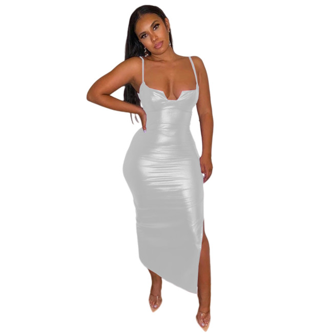 Metallic Spaghetti Straps Maxi Dress for Women Hottie Sexy Low Cut Bustier Bodycon Split Club Party Vestidos Long Robe S-7XL