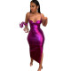 Metallic Spaghetti Straps Maxi Dress for Women Hottie Sexy Low Cut Bustier Bodycon Split Club Party Vestidos Long Robe S-7XL