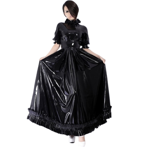Mens Sissy PVC Leather Dresses Women Short Puff Sleeve A Line Long