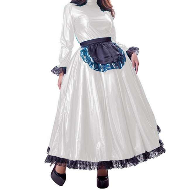 French Maid Metallic Long Maxi Dress Puff Sleeve Laser Crossdresser Unisex Sissy Pleated Dresses with Lace Apron Lolita Cosplay