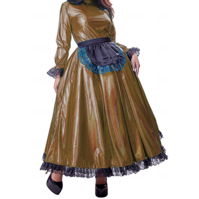 French Maid Metallic Long Maxi Dress Puff Sleeve Laser Crossdresser Unisex Sissy Pleated Dresses with Lace Apron Lolita Cosplay