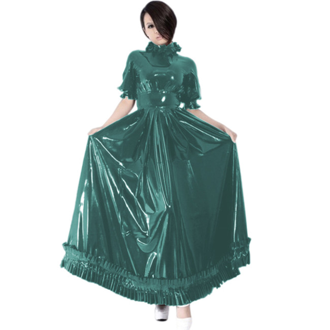 Mens Sissy PVC Leather Dresses Women Short Puff Sleeve A-Line Long Dress Sexy WetLook Vestidos Exotic Slim PU Dress Club Wear