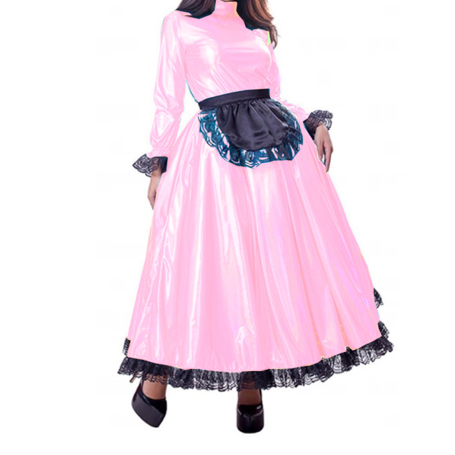 French Maid Metallic Long Maxi Dress Puff Sleeve Laser Crossdresser Unisex Sissy Pleated Dresses with Lace Apron Lolita Cosplay