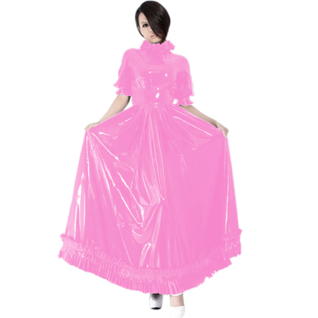 Mens Sissy PVC Leather Dresses Women Short Puff Sleeve A-Line Long Dress Sexy WetLook Vestidos Exotic Slim PU Dress Club Wear