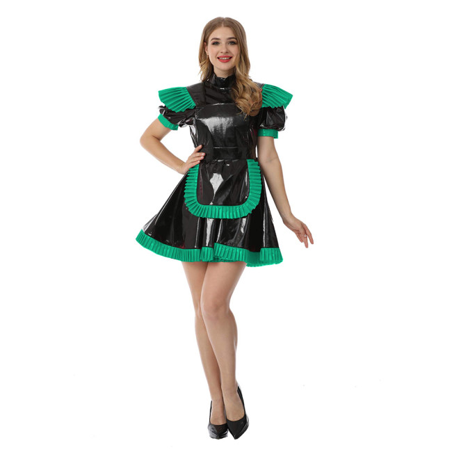 Ladies High Neck Short Sleeve Patent Leather Maid Dress Costume Role Play Outfit With Apron Sexy Dress sissy Lolita Dress