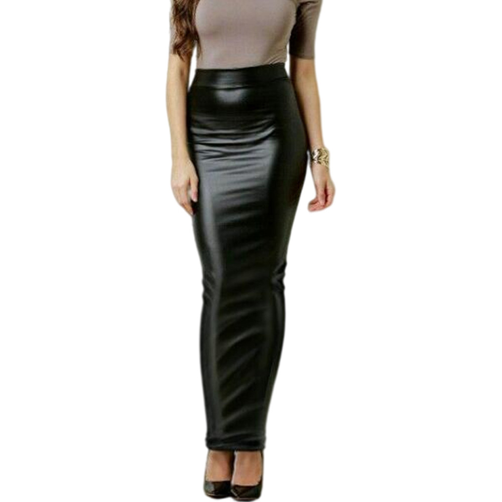 Women Bodycon Long Skirt Black High Waist Pu leather Tight Maxi Skirts Club  Party Wear Elegant