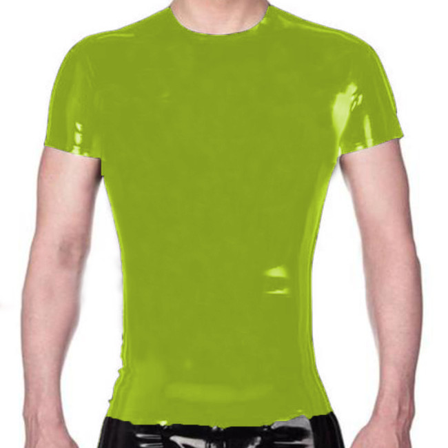 Plus Size Glossy PVC Leather T-shirt Erotic Sheath Casual Male T-Shirt Short sleeved Leather Muscles Men's Stretch Tops