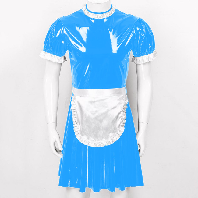 Sissy Dress Men Pvc Maid Dress Short Puff Sleeve Historical Dresses Patent Leather maid  Cosplay Sexy Costume S-7XL