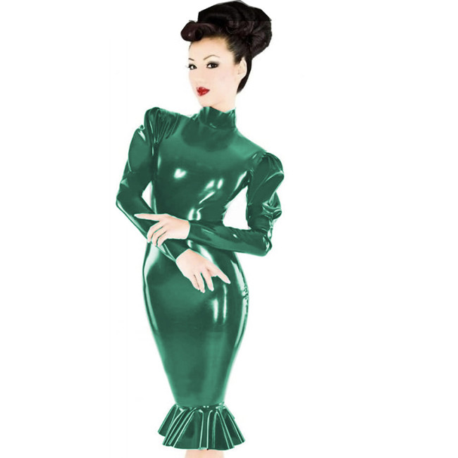 Shiny PVC Leather DressWet Look Mermaid Dresses High Neck Long Puff Sleeve Bodycon Midi Dress Nightclub Party Exotic Costumes
