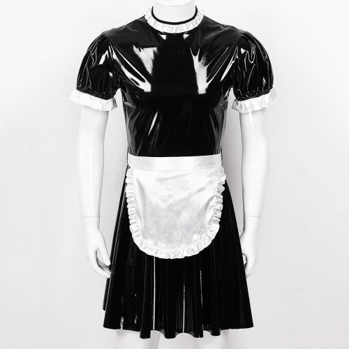 Sissy Dress Men Pvc Maid Dress Short Puff Sleeve Historical Dresses Patent Leather maid  Cosplay Sexy Costume S-7XL