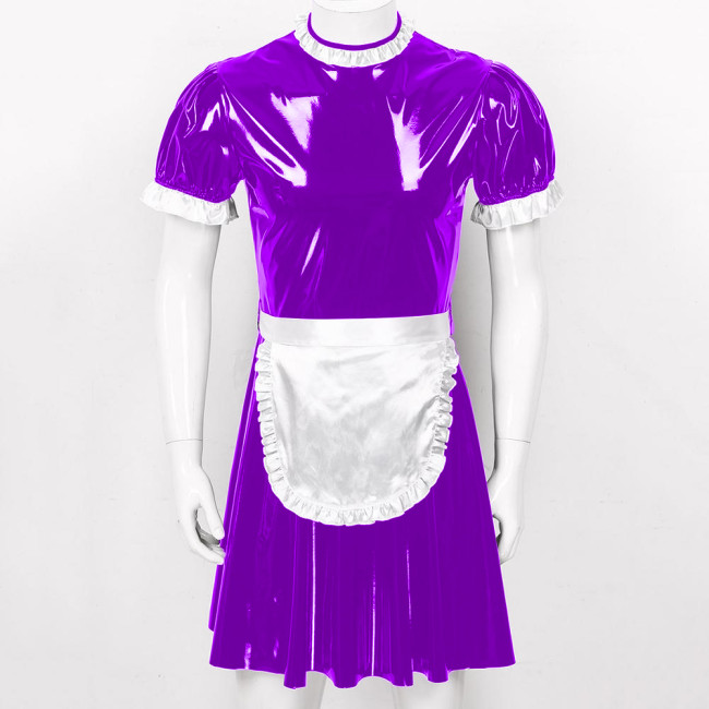 Sissy Dress Men Pvc Maid Dress Short Puff Sleeve Historical Dresses Patent Leather maid  Cosplay Sexy Costume S-7XL