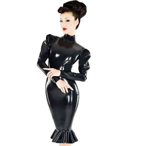 Shiny PVC Leather DressWet Look Mermaid Dresses High Neck Long Puff Sleeve Bodycon Midi Dress Nightclub Party Exotic Costumes