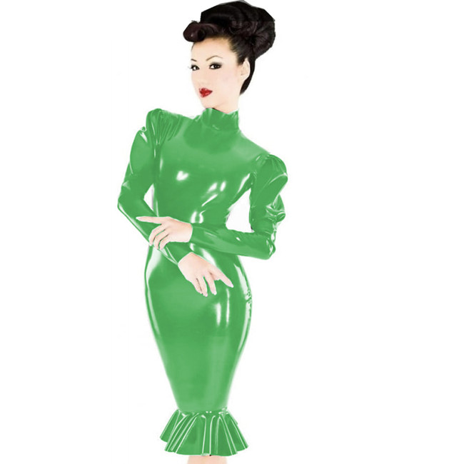 Shiny PVC Leather DressWet Look Mermaid Dresses High Neck Long Puff Sleeve Bodycon Midi Dress Nightclub Party Exotic Costumes