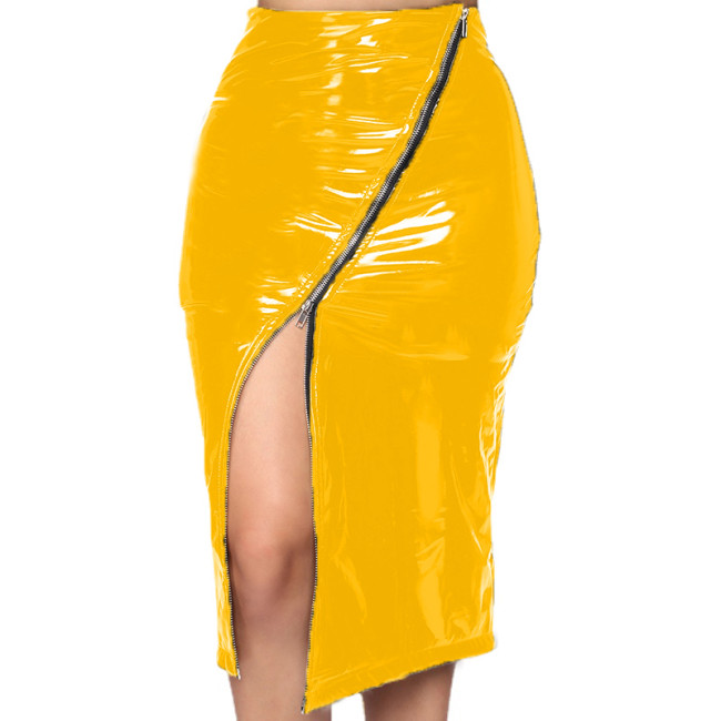 Plus Size Leather PVC Pencil Skirt Women Patent Slim Front Zip Midi Skirts Bodycon Sexy Nightclub Party Skirt Custom