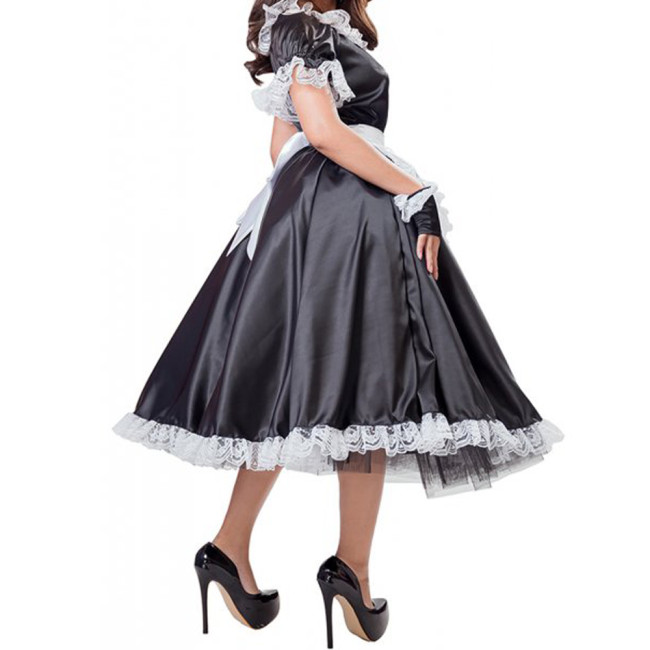 Adult Baby Sissy Long Dress Satin Lockable Puff Sleeve Lace Ruffled Mens Crossdress with Apron Gay Male Clubwear Cosplay Costume