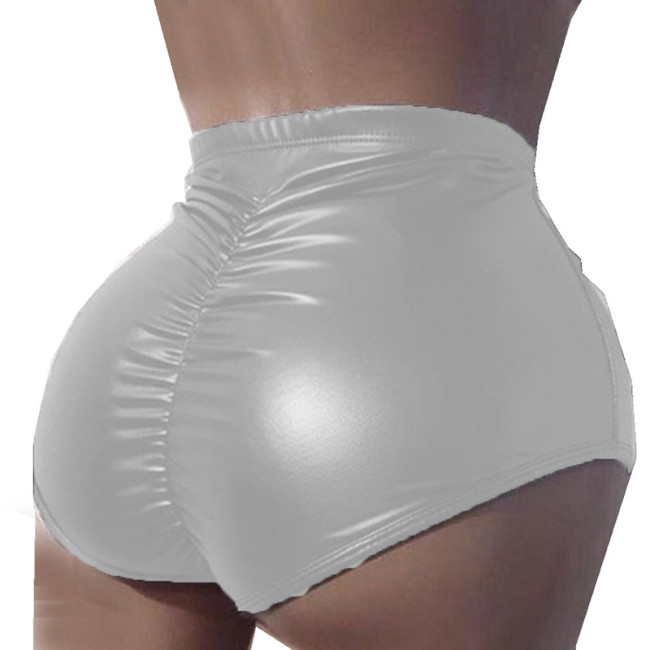 Women Summer 2022 New Candy Color Pleated Sports Panties High waist Ruched ShinyPU Leather stretchy Pants Sensual Fetish Shorts