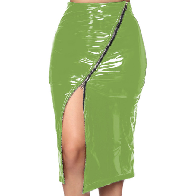 Plus Size Leather PVC Pencil Skirt Women Patent Slim Front Zip Midi Skirts Bodycon Sexy Nightclub Party Skirt Custom