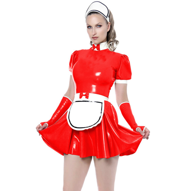 Faux Leather Sissy Lolita Sweet Dress Short Sleeve Shiny Costume Maid Dress With Gloves Apron 7XL Punk Gothic Maid French Dress