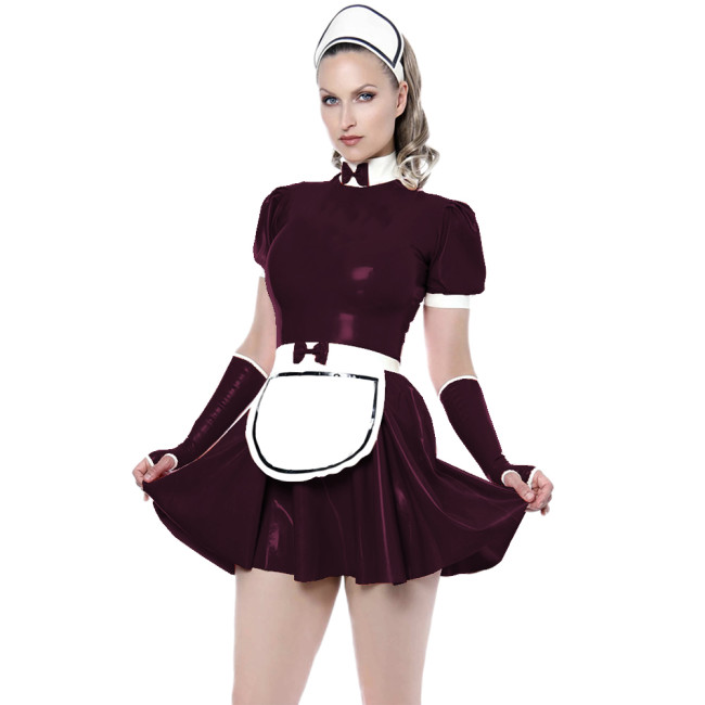 Faux Leather Sissy Lolita Sweet Dress Short Sleeve Shiny Costume Maid Dress With Gloves Apron 7XL Punk Gothic Maid French Dress