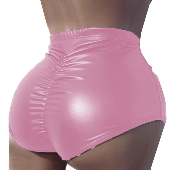 Women Summer 2022 New Candy Color Pleated Sports Panties High waist Ruched ShinyPU Leather stretchy Pants Sensual Fetish Shorts