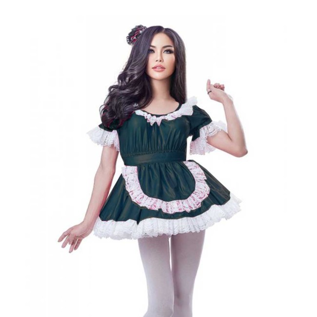 Women's Laser Short Puff Sleeve Mini Dress Summer French Maid Outfit Sexy Skater Dress with Lace Hem Apron Party Sissy Costume
